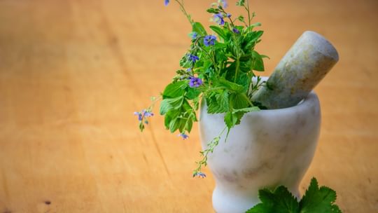 A marble mortar and pestle containing fresh herbs